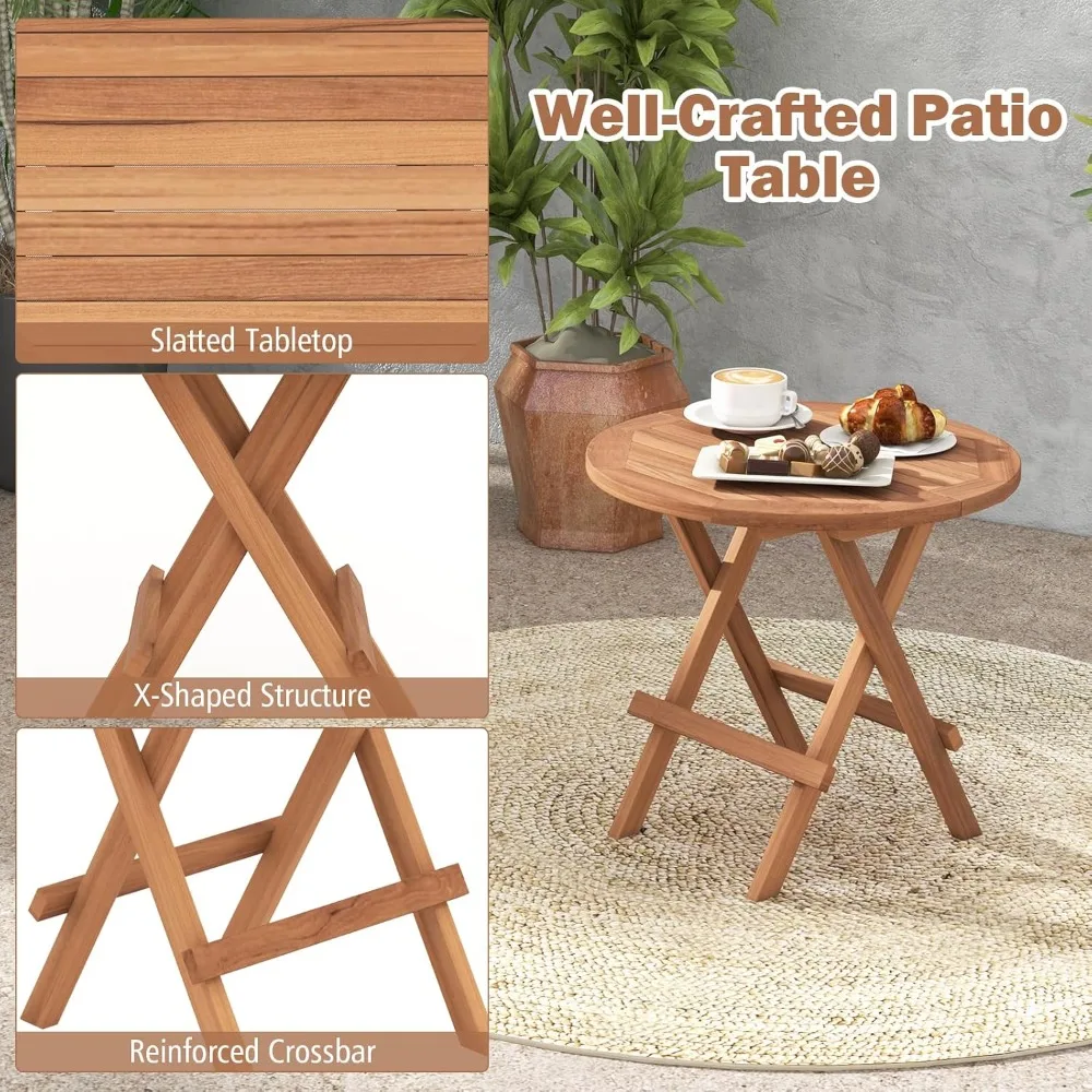 Round Folding Side Table, Teak Wood End Table with Heavy Duty X-Shaped Frame & Slatted Tabletop, Outdoor Small Coffee Table