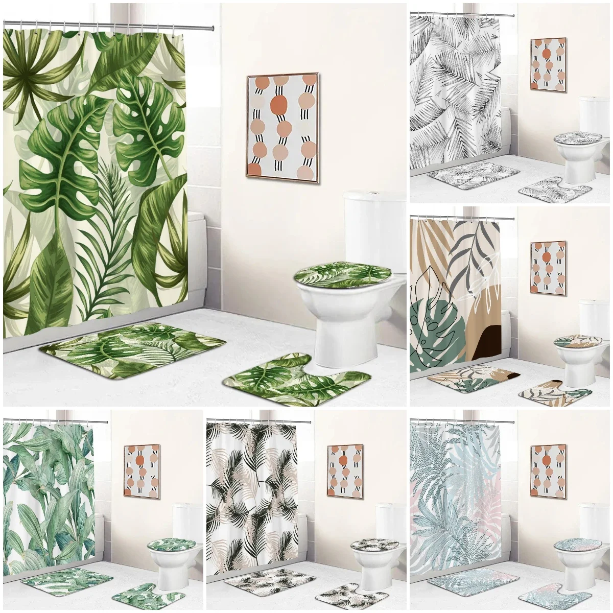 Abstract Green Leaves Bath Curtain Set Leaf Nordic Minimalist Plants Greenery Bathroom Decor Modern Bath Curtains with Hooks