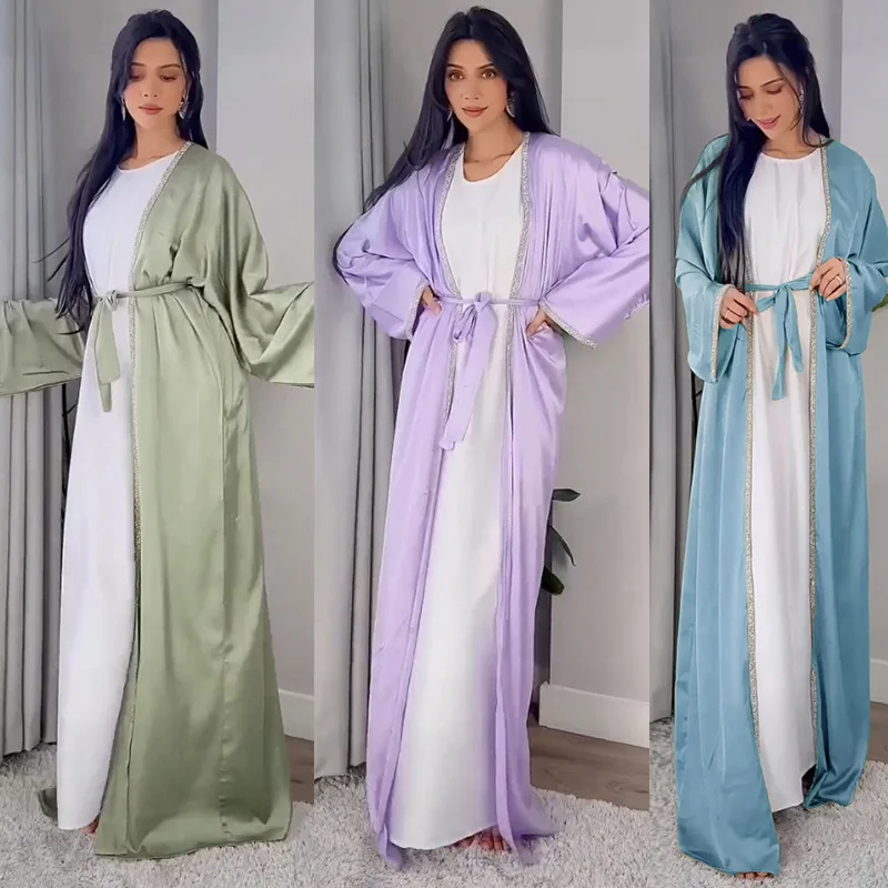 

Eid Diamond Abaya Dress Set Muslim Women Abayas Morocco Caftan Robe Satin Maxi Vestidos Abaya Femme Musulman Muslim Sets 2023