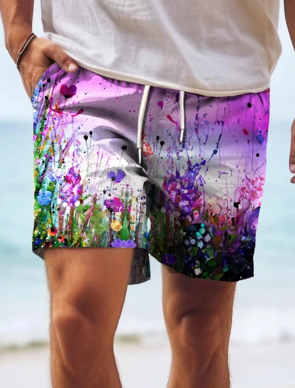 

2025 New Men's Board Shorts Swim Trunks Drawstring Colorful Floral Quick Dry Hawaiian Short Casual with pockets Micro Elastic