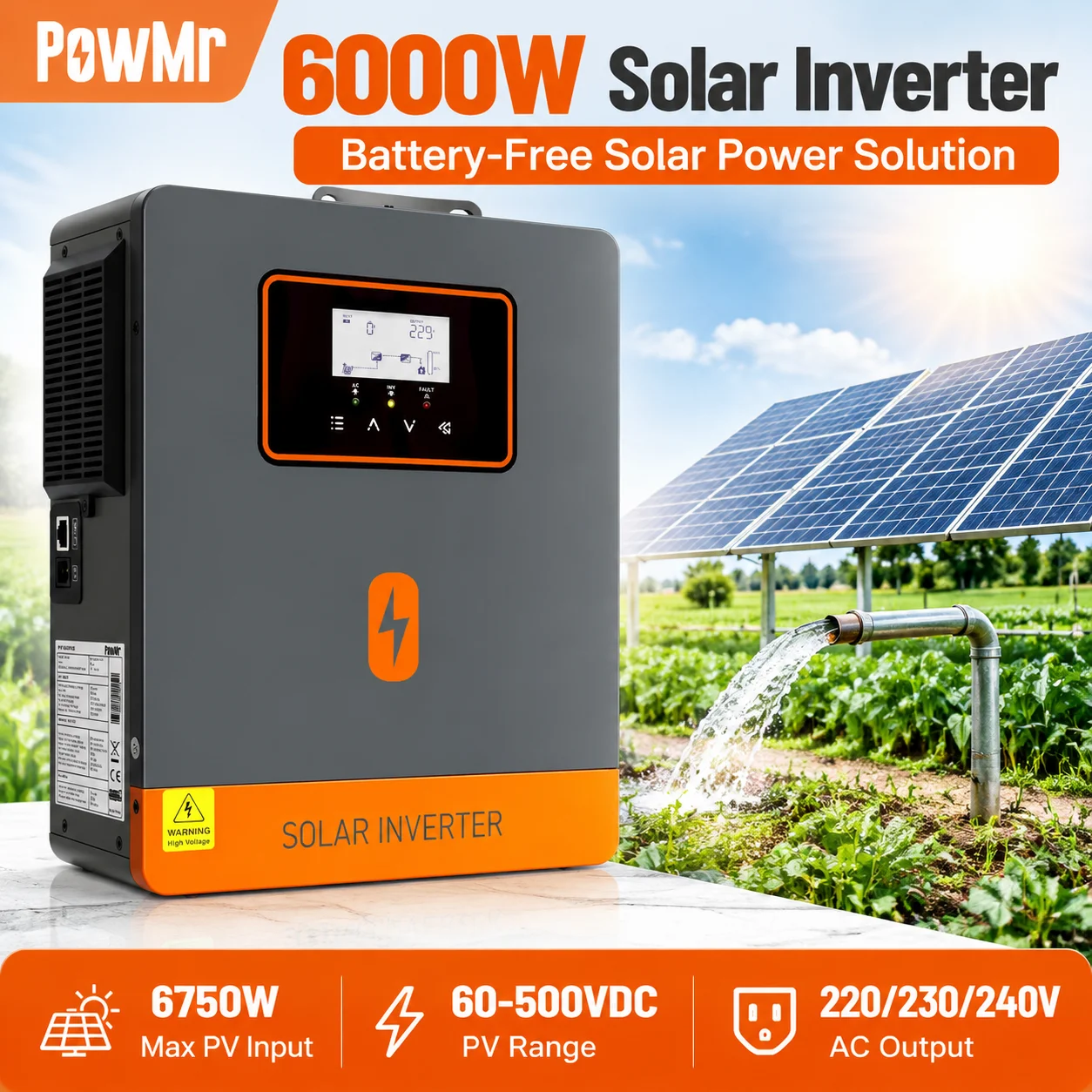 PowMr Falownik Solarny Ładowarka 6000W 48V do Akumulatora LiFePO4 i Kwasowo-Ołowiowego Czysta Fala Sinusoidalna 230V z Wbudowanym MPPT Max PV 6750W Napięcie PV 60-450Vdc Pompa Wodna System Nawadniania