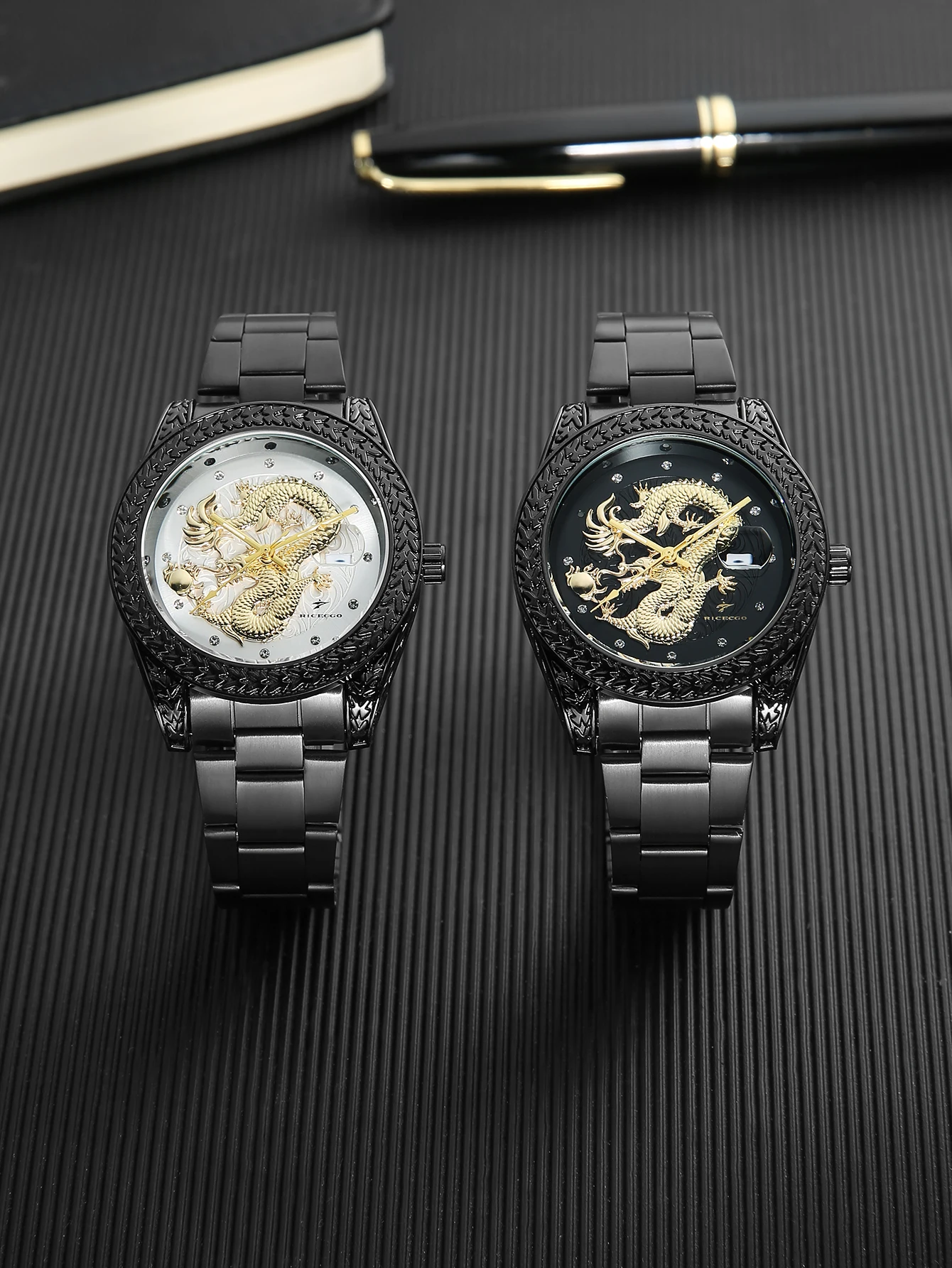 

New Men's Relief Golden Dragon Quartz Watch Black Steel Strip Business Fashion Watch with Calendar Men's Watch Suitable for Gift