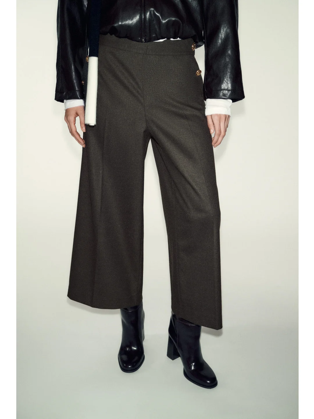 Winter New Casual High Waist Button Decorated ort Wide Leg Seven-Foot Pants Women's Faion Side Zipper  Trousers