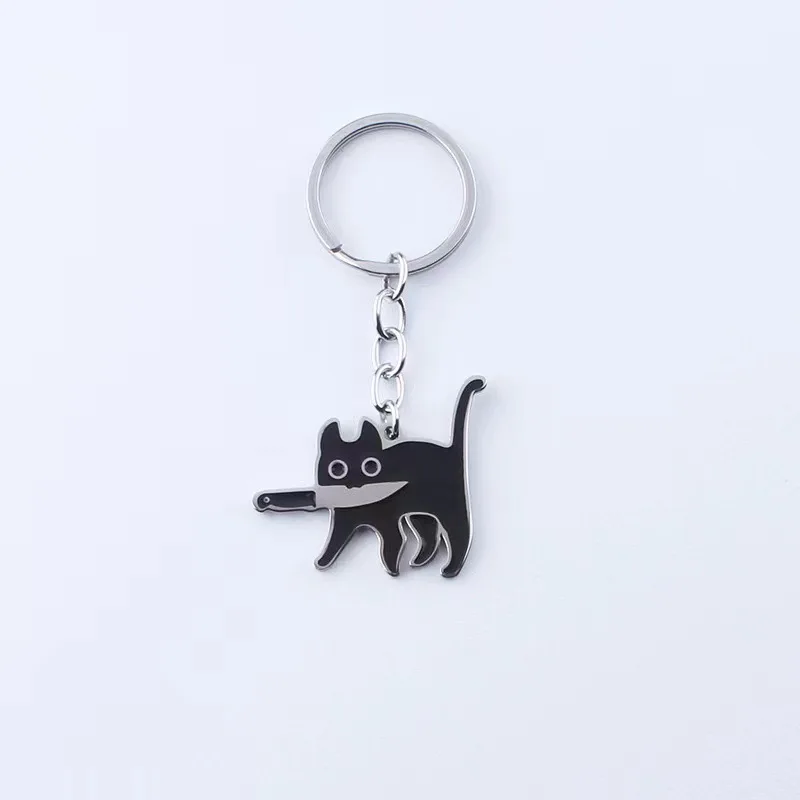 Cute Cartoon Knife Cat Keychain Stainless Steel Black Kitten Key Chains Keyring Bag Pendant Hanging Jewelry Gift