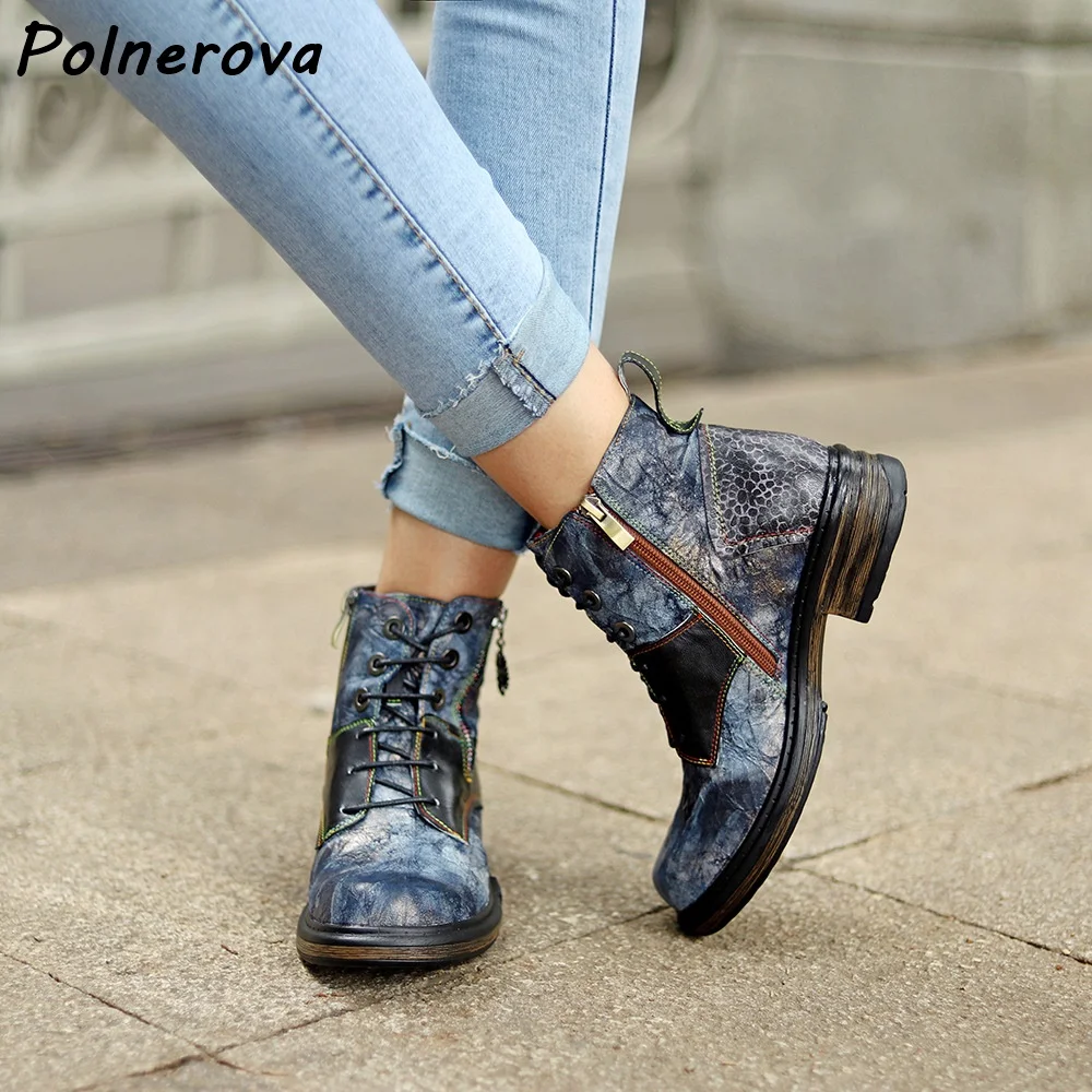 Distressed Leather Ankle Boots Flower Women Lace Up Zipper Block Heel Vintage Combat Shoes Artistic Patchwork Leather Shoes
