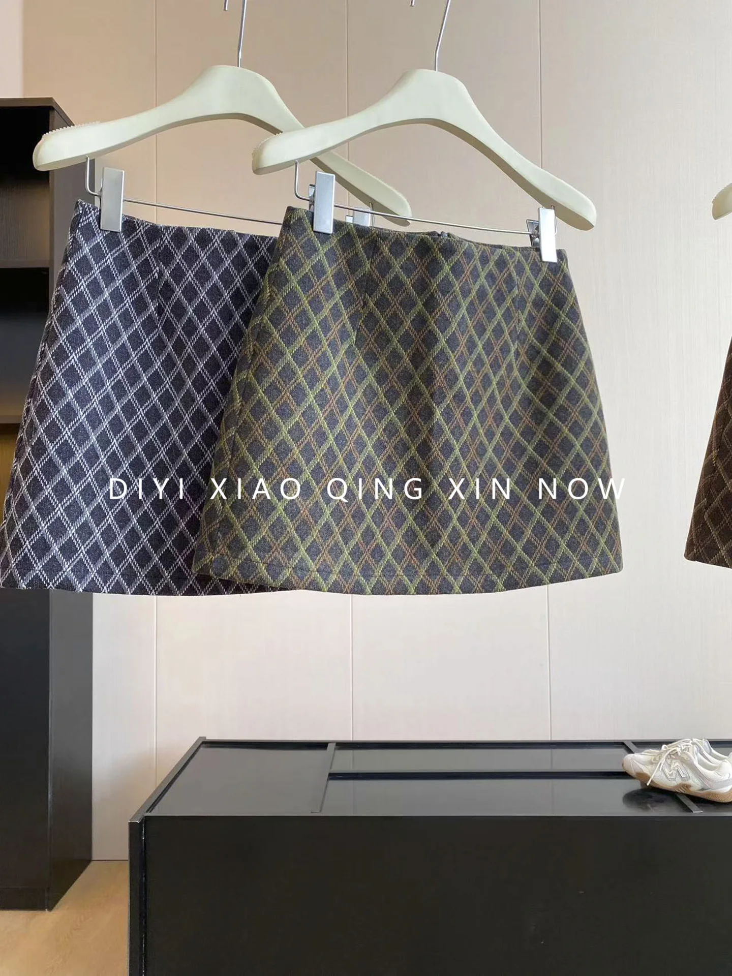 High Waist A-Line Woolen  Skirt Autumn Winter Diamond Pattern Color Block Thickened Grey Blue Versatile Bodycon Skirt