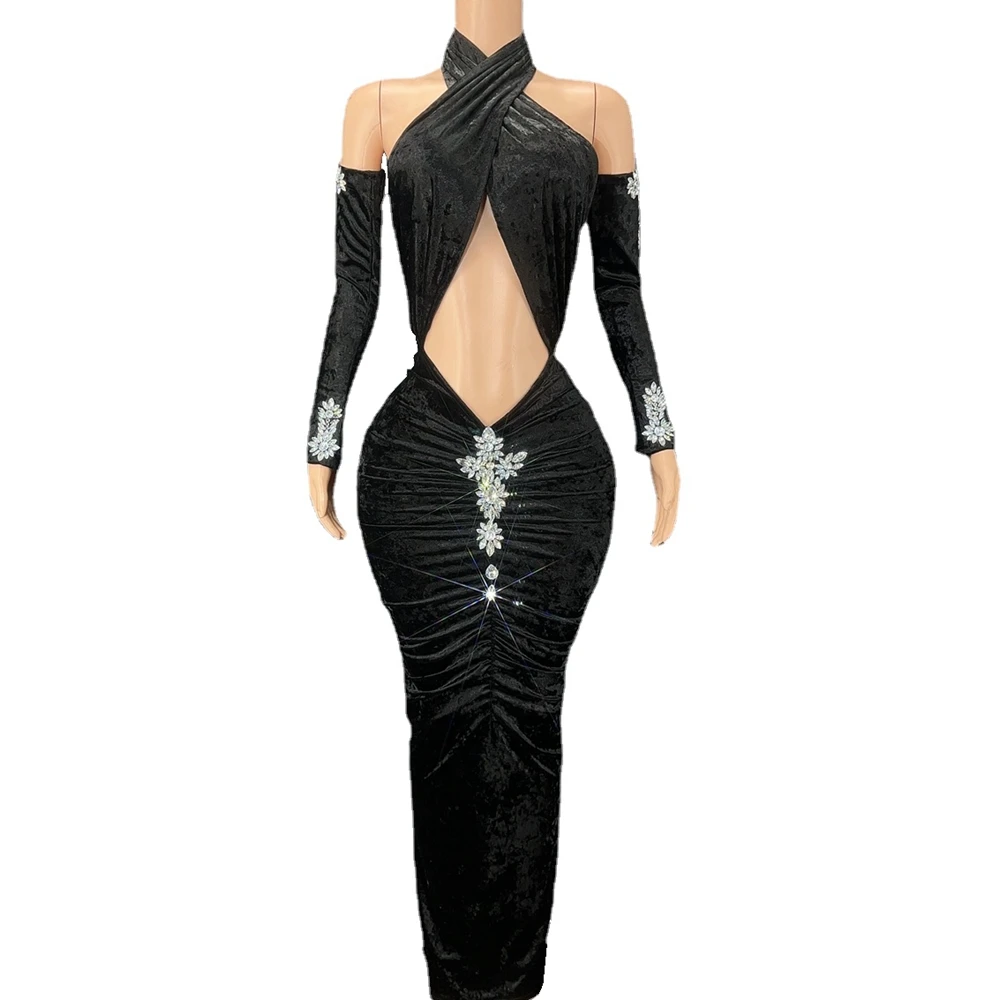 

Sexy Evening Prom Gown Birthday Dress Gloves Black Velvet Backless Bodycon Long Dress Singer Show Stage Wear Drag Queen Costume