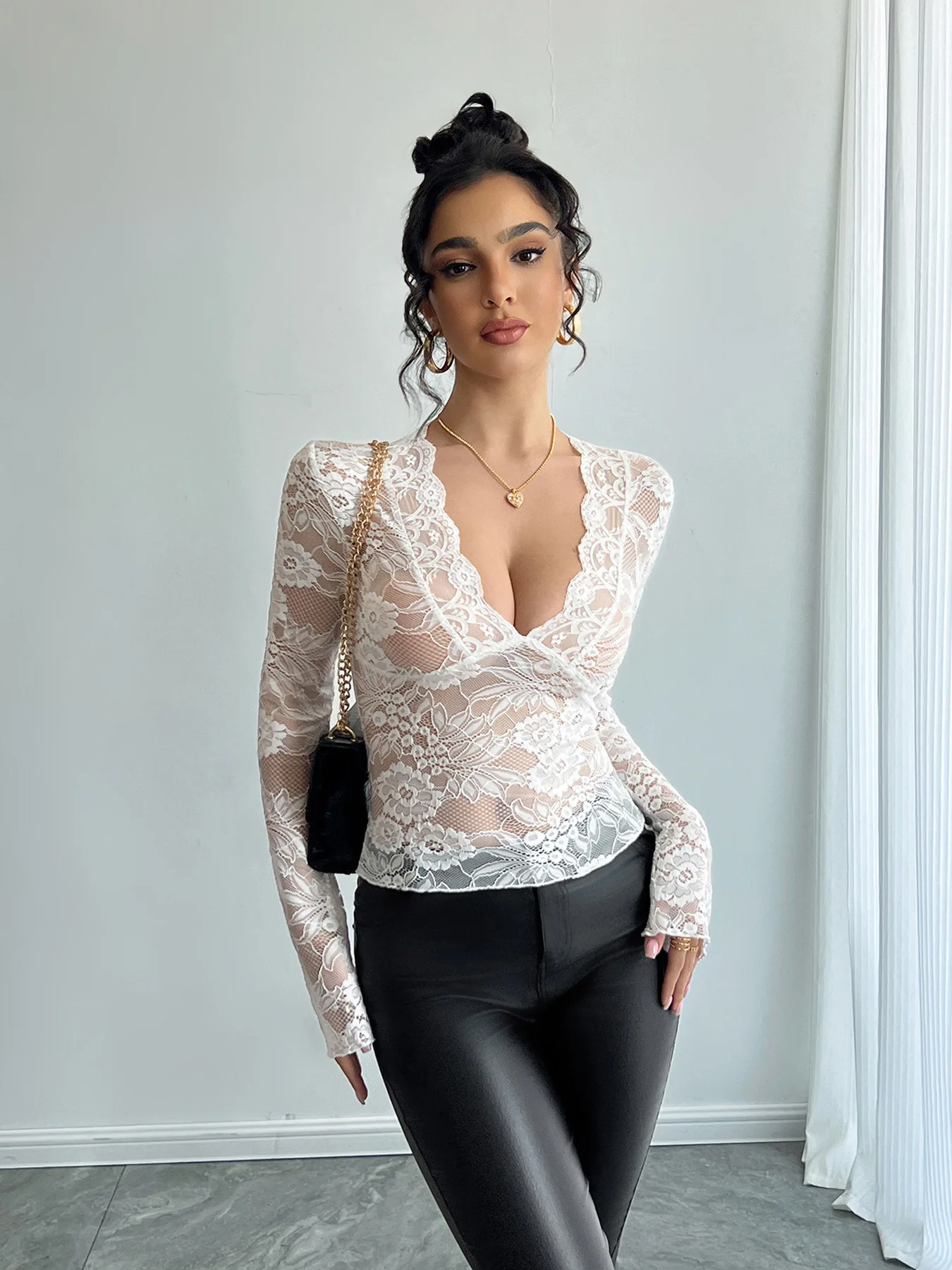 Hot Sexy Semi-Transparent Deep V Neck Lace Shirts For Women Elegant Ladies Slim Fit Long Sleeve Solid T Shirts Bottom Tee WY0019