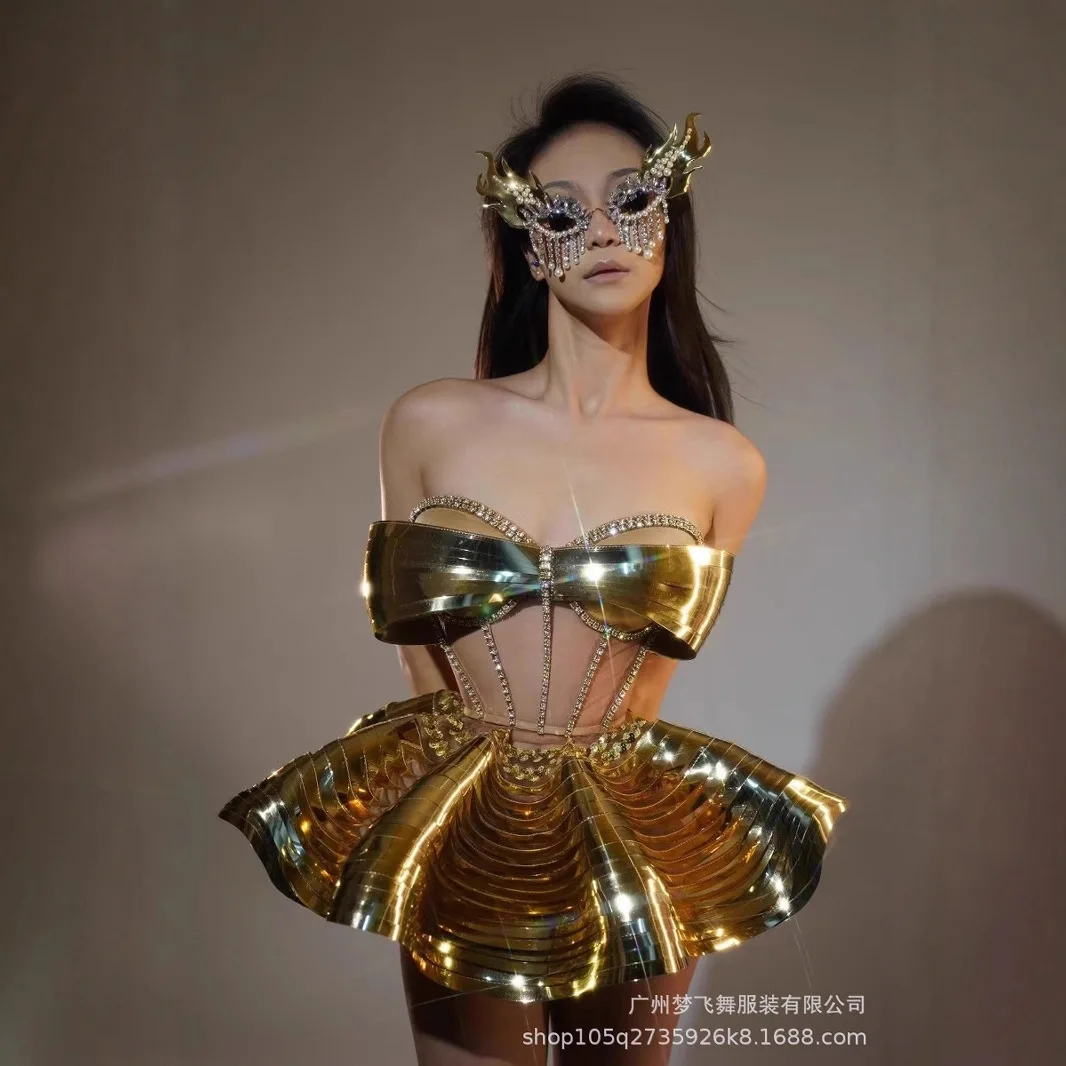 Masked Girl gold Sequin Mechanical Feel Girl Group Stage Performance Costume Party Studio Photo Shoot Dress
