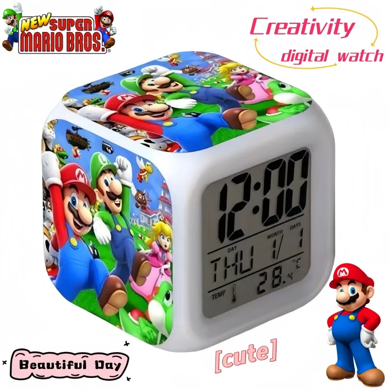 Reloj despertador de Super Mario, bonito reloj electrónico con luz nocturna que cambia de Color, personalizado, a la moda, regalo de cumpleaños