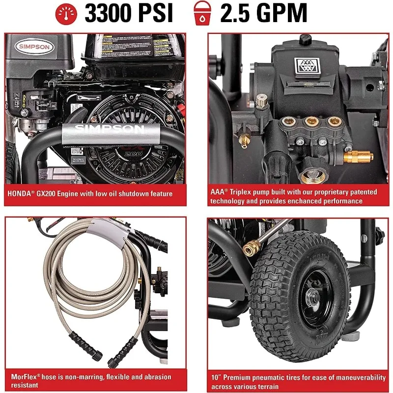 SIMPSON Cleaning PS3228 PowerShot 3300 PSI Gas Pressure Washer, 2.5 GPM, Honda GX200 Engine, Includes Spray Gun Extension Wand