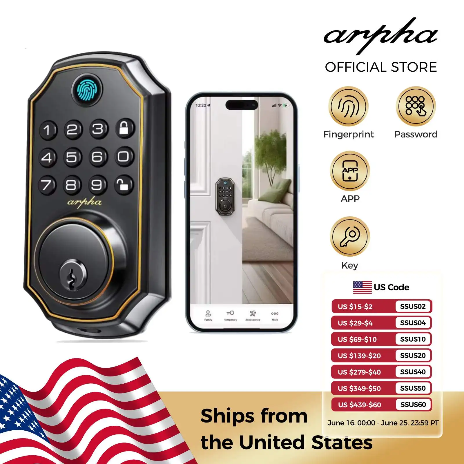 

Arpha D280 Keyless Entry Door Lock 5-in-1 Smart Fingerprint Deadbolt with Keypad Electronic Deadbolt Auto-Lock One Touch Lock