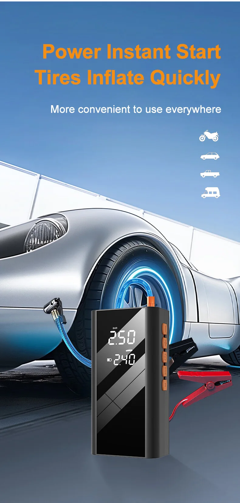 All-in-One-Auto-Starthilfe und Luftkompressor, 1200 A, 150 PSI, 12 V, automatischer Reifenfüller mit Powerbank, Notfallset – Detail 2