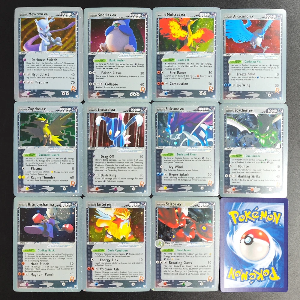Self Made Proxy PTCG equipo inglés Rocket Returns Rocket's Mewtwo Snorlax Entei Articuno Scizor Scyther ex colección tarjeta de juguete