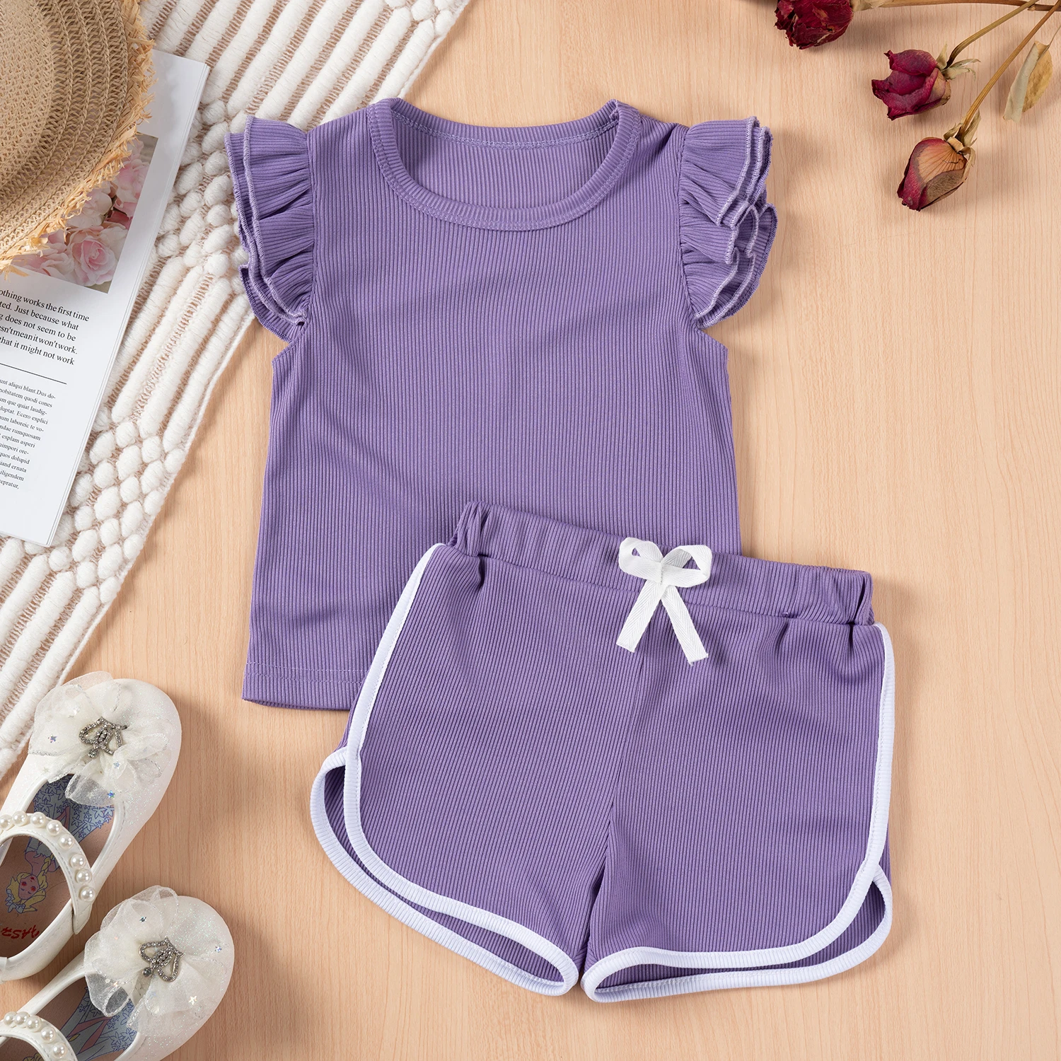 Summer Baby Cute Girl Fly Sleeve Shorts T-Shirt Set Ruffle Costume Set Kids Kids Shorts Casual Wear Oufits