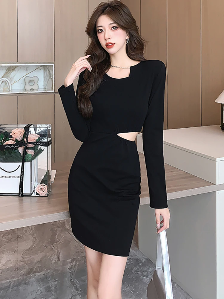 المرأة الكورية خمر هيبورن حفلة موسيقية ملابس الخريف أسود كم طويل شيك الجوف خارج فستان مثير 2025 أنيق Bodycon فستان فاخر