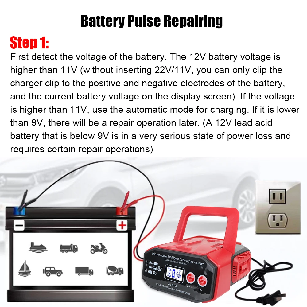 Car Battery Charger High Power Intelligent Pulse Repair EU Plug For Car Truck Boat Motorcycle 400W LED Display 12V/24V