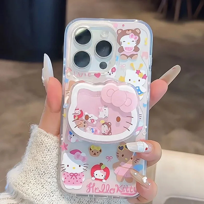 Cute Ice Cream Hello Kitty Clear TPU + Kitty Shake Holder Phone Case For iPhone X 11 12 13 14 15 16Pro Max Pink Cartoon KT Stand