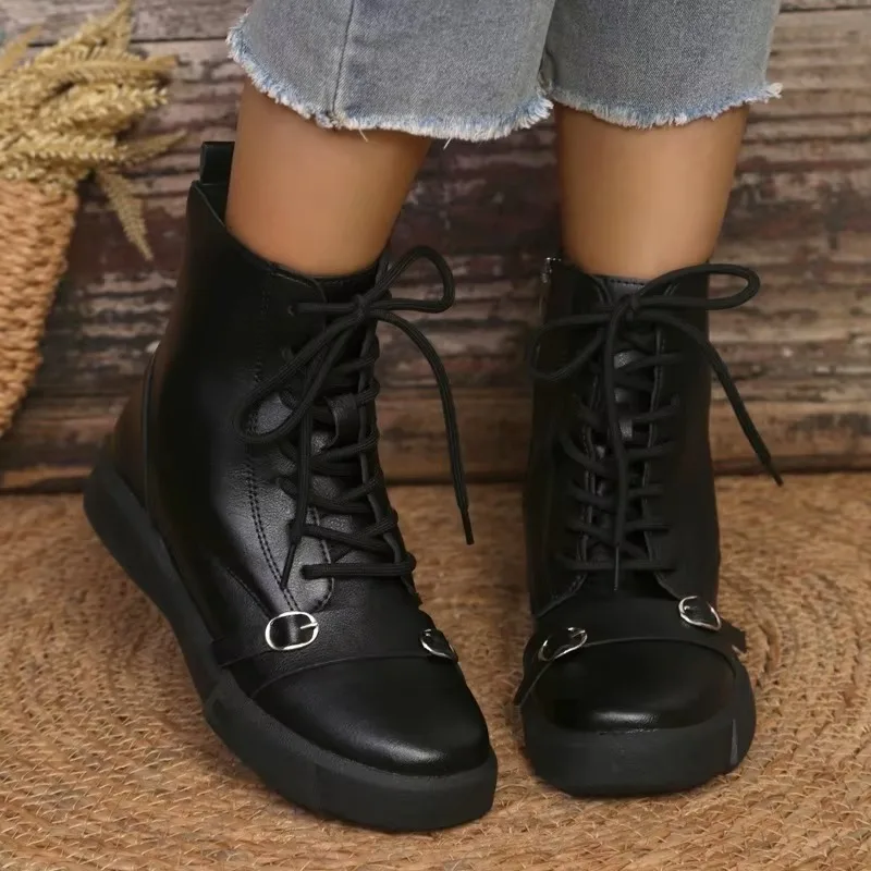 

Ботильоны больших размеров Женская обувь 2024, зимние современные женские ботинки, повседневные женские туфли с пряжкой и круглым носком на низком каблуке с боковой молнией, женские туфли