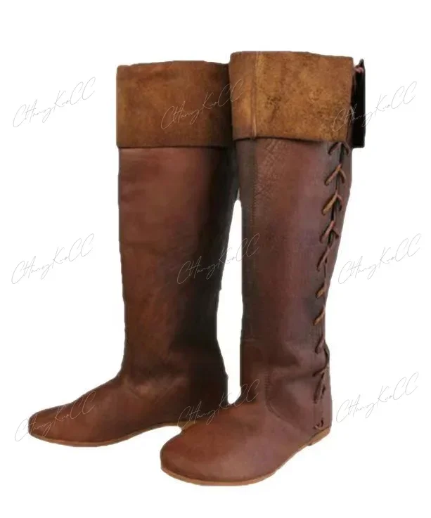 Renaissance Middeleeuwse Cosplay Gothic Punk Viking Piraat Rekwisieten Schoenen Leer Ridder Hoge Laarzen Mannen Vrouwen Paladin Kostuum Witcher