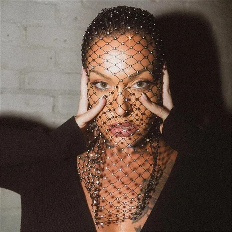 1pc Rhinestone Crystal Embellished Fishnet Hair Scarf,Glittering Mesh Veil Headband,Elastic Hairband for Ladies',Dance,Wedding