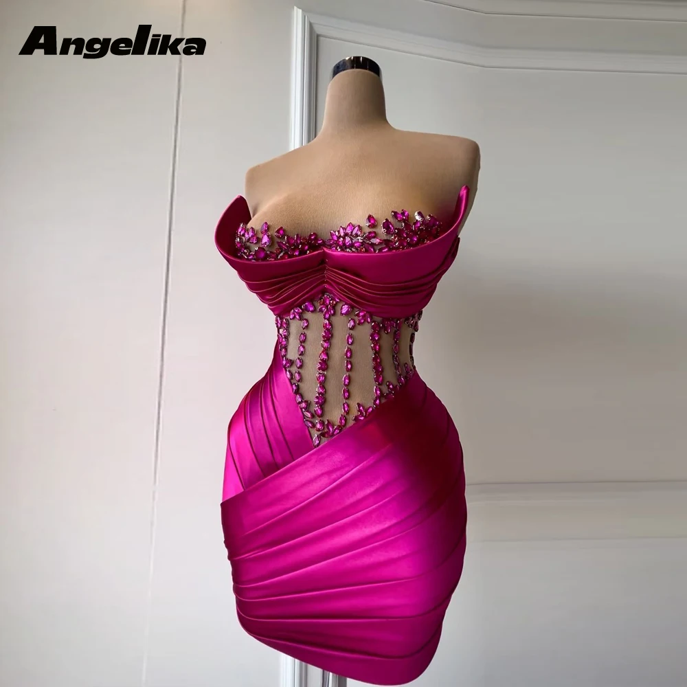 Angelika Charming Column Mini Homecoming Dress for Teens Crystals Pleats Sweetheart Corset Cocktail Dresses Drop Shipping