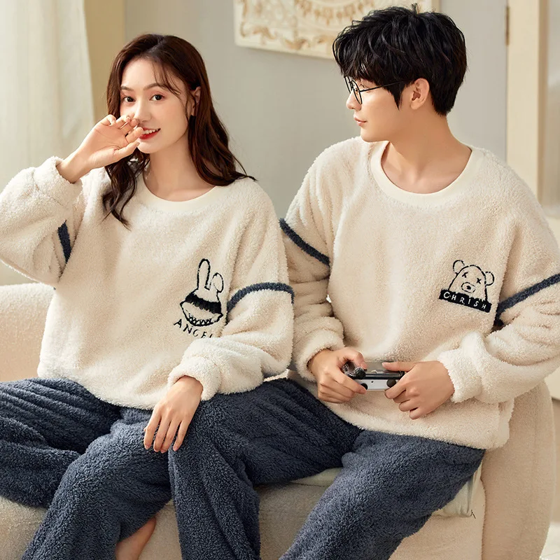 Winter Couple Pajamas Set Women Men Plush Soft Thicken Pyjamas Sleepwear Korean Loose Homewear Cartoon Bear Pyjamas Suit