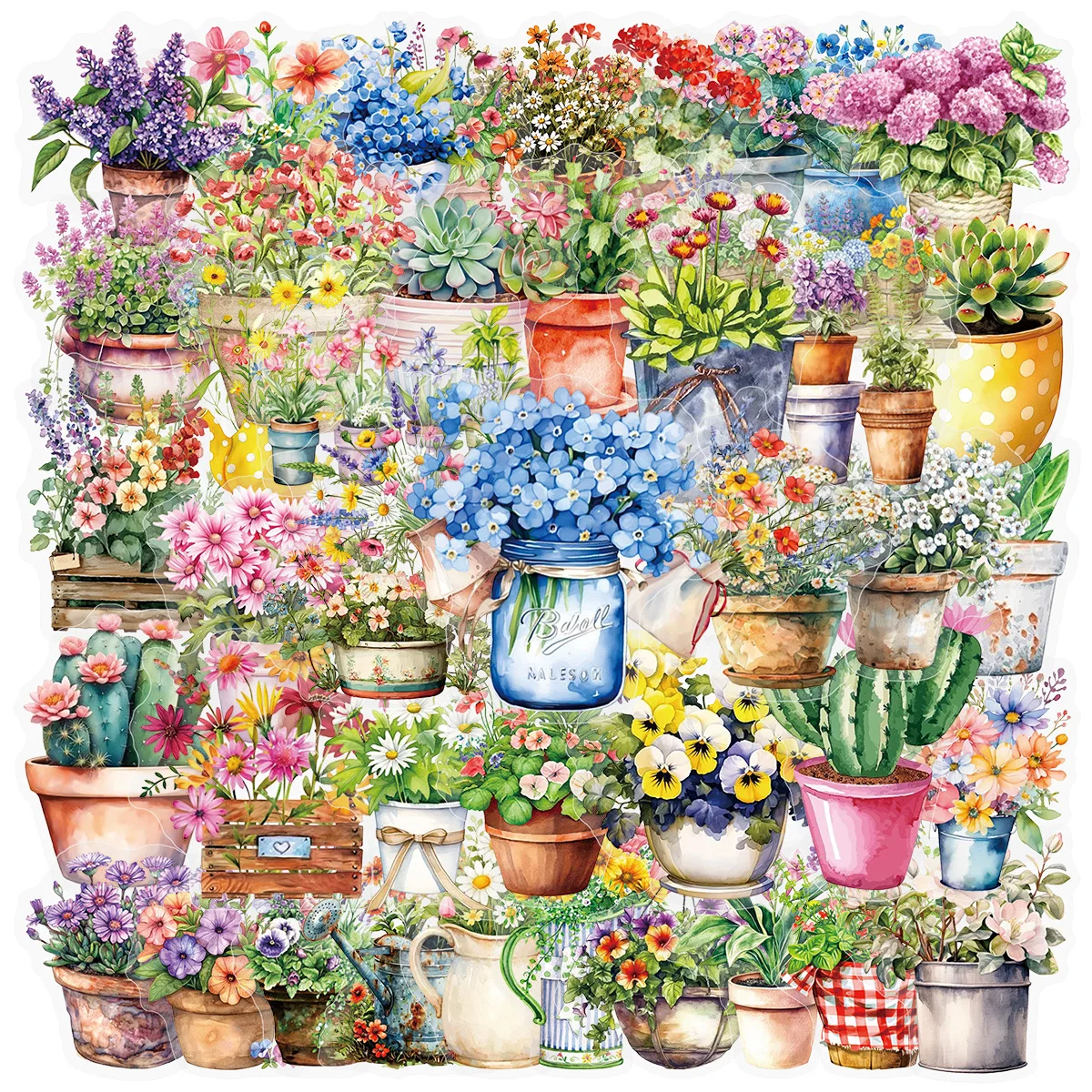 50PCS Watercolor Pot Plants and Flowers Transparency Graffiti Stickers Aesthetics Cartoon Decal DIY Luggage Phone Kid Toys