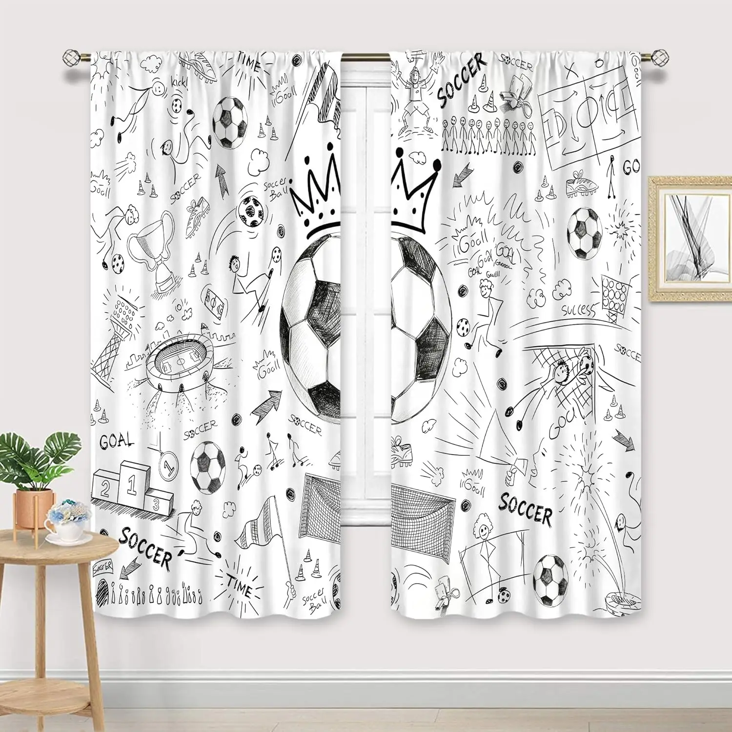 Black White Graffiti Football Curtains Cool Sport Art Print Rod Pocket Window Drapes For Boys Teens Bedroom Home Decor 2 Panels
