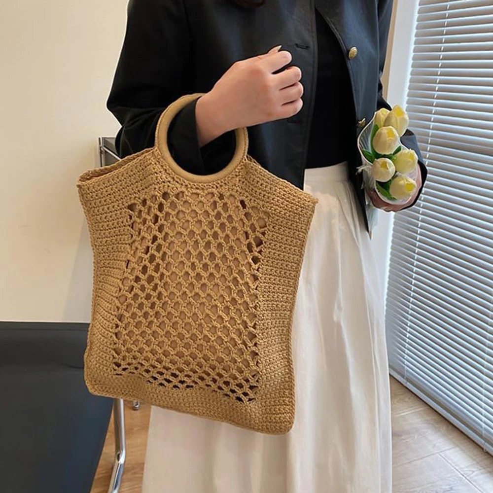 Hollow Knitting Beach Bags for Women Summer Woven Women Handbags Rope Crochet Shoulder Bag Bohemian Round Handle Straw Bags NEW