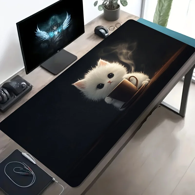 Cute Fluffy White Kitten Coffee Cup Oversized Desk Mat Non-Slip Gaming Mouse Pad for PC Laptop