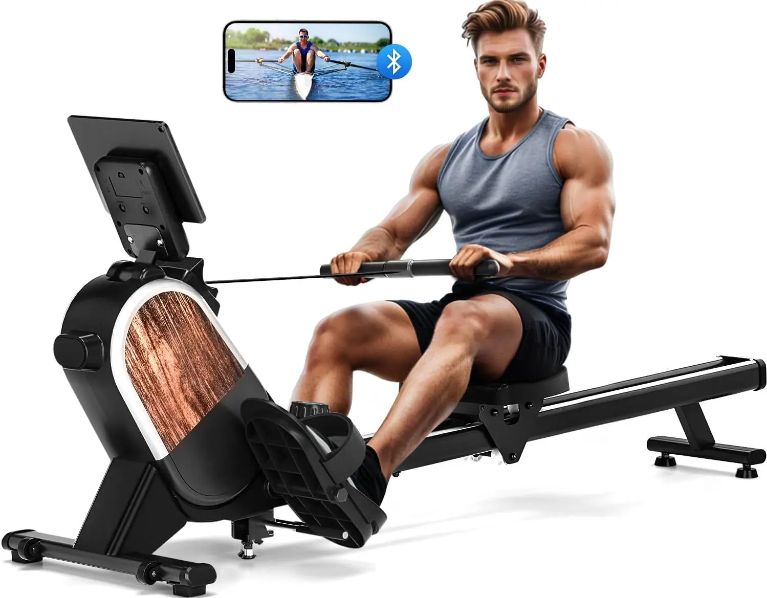 Magnetic Rowing Machines for Home 350 LB Weight Capacity, 16 Levels Resistance Row Machine with Dual Slide Rail, Bluetooth, App