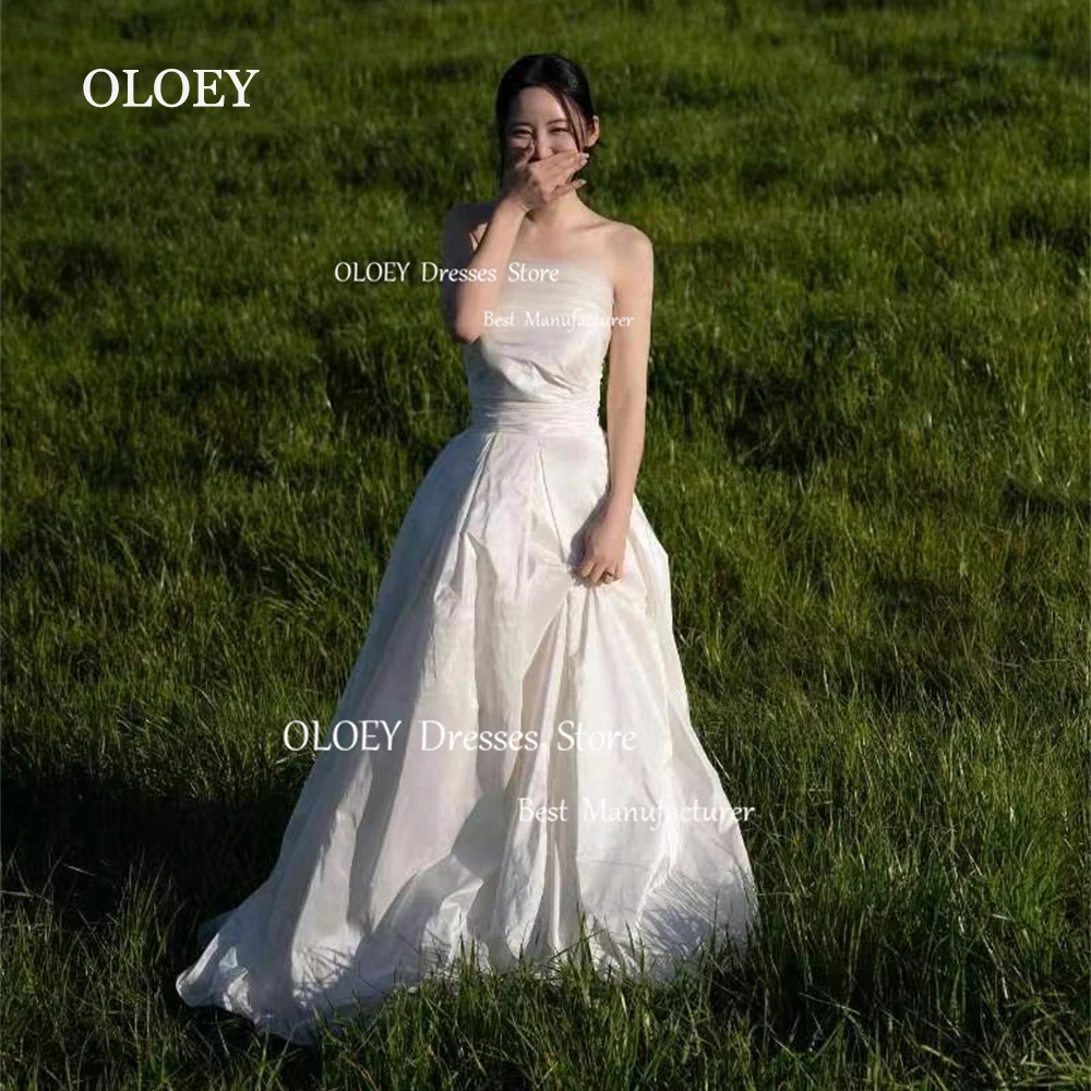 

OLOEY Strapless Satin Wedding Dresses Korea Photoshoot Classic Bridal Gowns With Bolero Vestido De Noiva Corset Back Custom Made