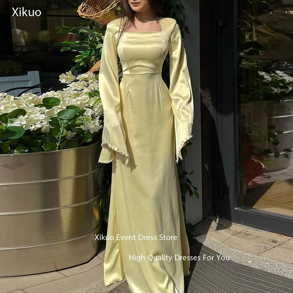 Xikuo Pearl Sleeves Satin Evening Dress Square Neck Wedding Party Dress Summer Elegant Vestidos De Boda Para Fiestas Customized