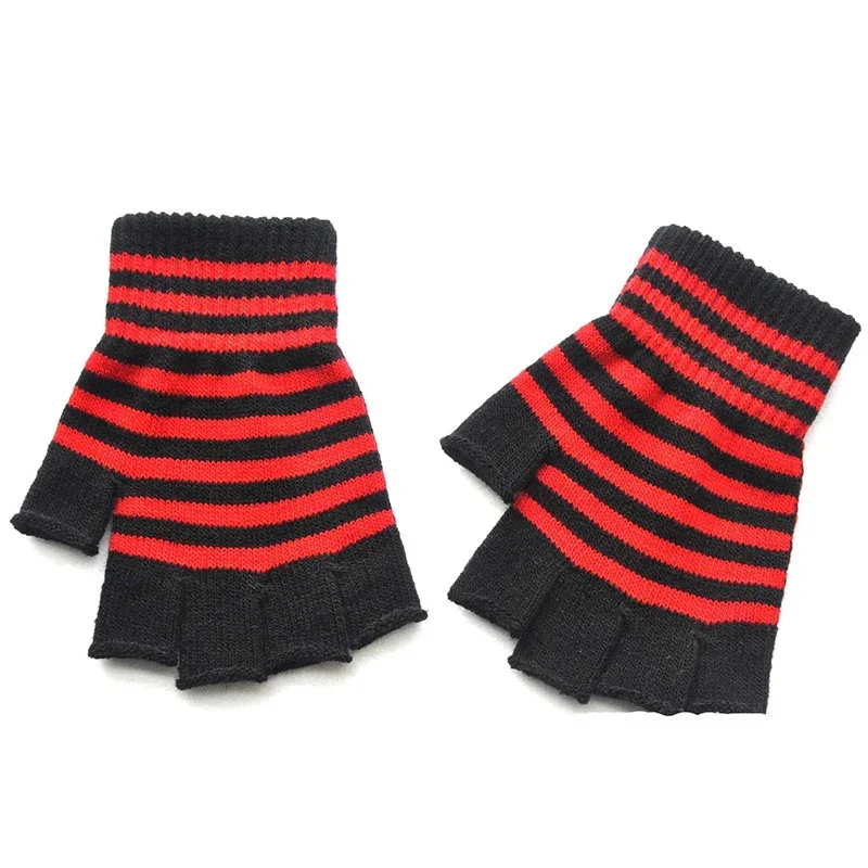1Pair Black Red Stripe Half Finger Fingerless Gloves for Women Men Knit Wrist Winter Warm Outdoor Gothic Lolita Style Mittens
