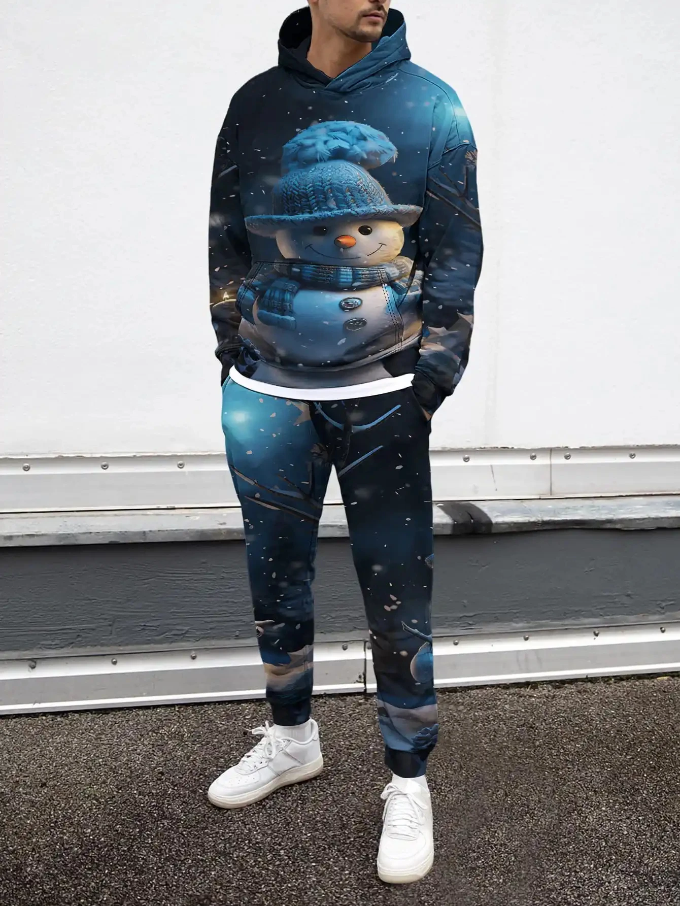 Conjuntos de moletons masculinos com estampa 3D de boneco de neve, moda criativa, design de manga comprida, tops e calças, outono inverno, conjunto de duas peças