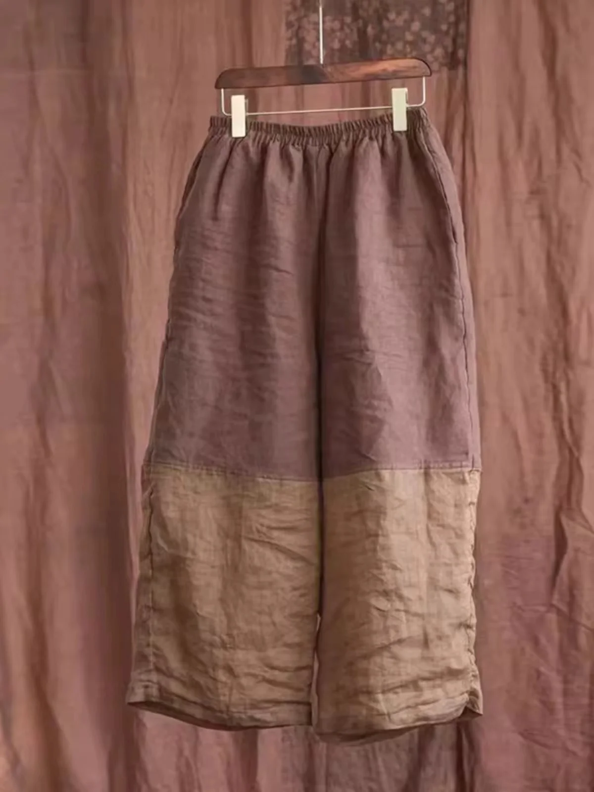 

Художественные винтажные цветные хлопково-льняные брюки с широкими штанинами для женщин, летние, тонкие, с эластичным поясом, больших размеров, в стиле дзен, повседневные, укороченные (7/8)