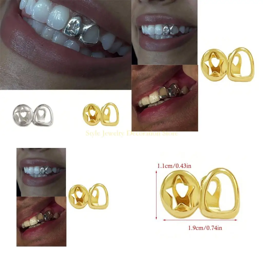 

D46E Trendy Hip Hop Dental Fangs Round Star Copper Body Jewelry Cosplay Teeth Accessories Suitable for Celebrations