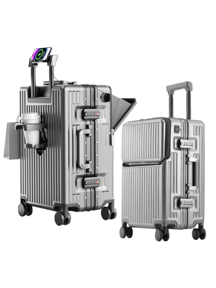 Koffer mit Aluminiumrahmen, Vorderöffnung, Kabinengepäck mit USB-Getränkehalter, weiblicher Trolley-Koffer, männlicher Bremsrad-Reisekoffer