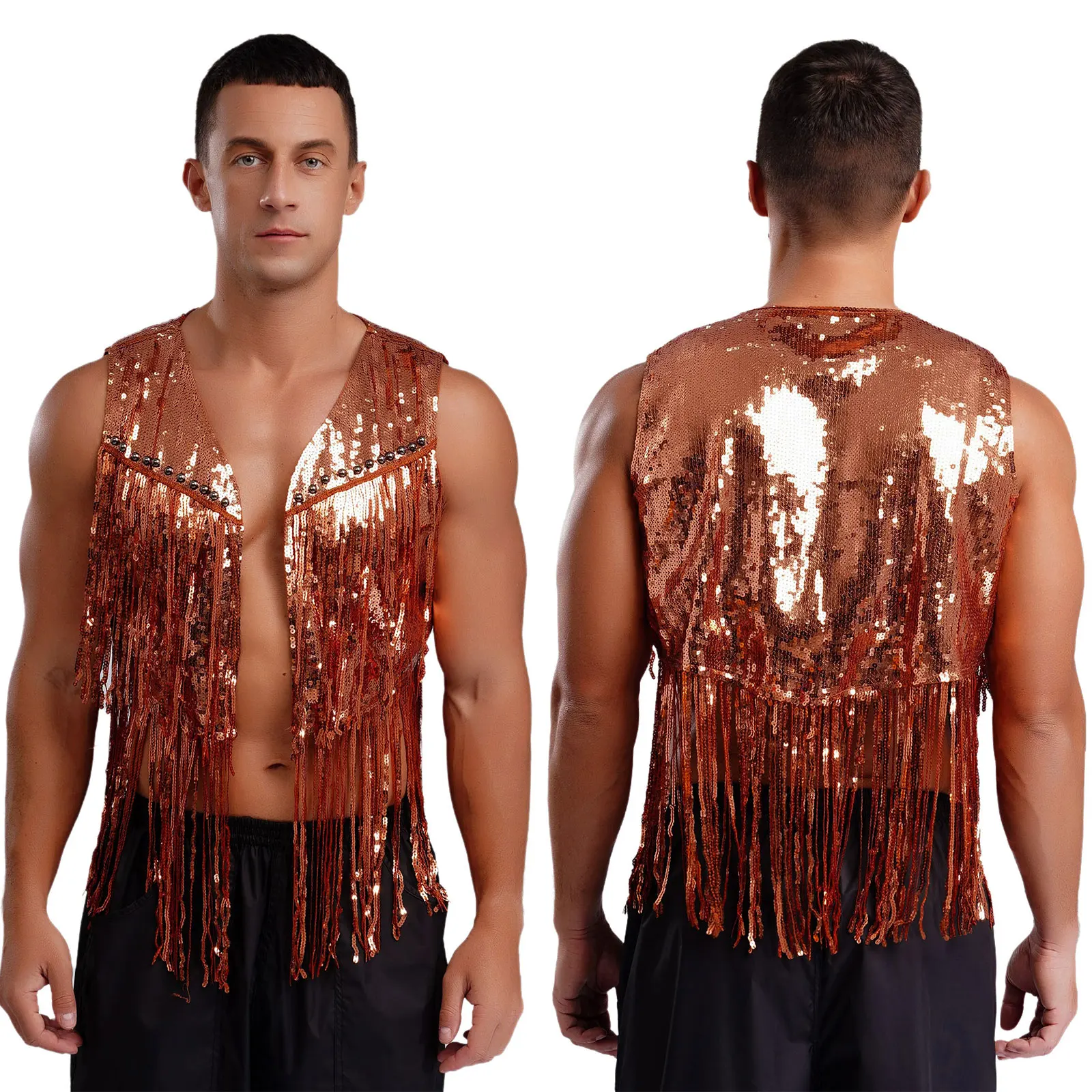 Hommes mode brillant frange Disco fête danse Cardigan gilet Cowboy Hippie scène Performance ouvert avant gland Rivets gilets