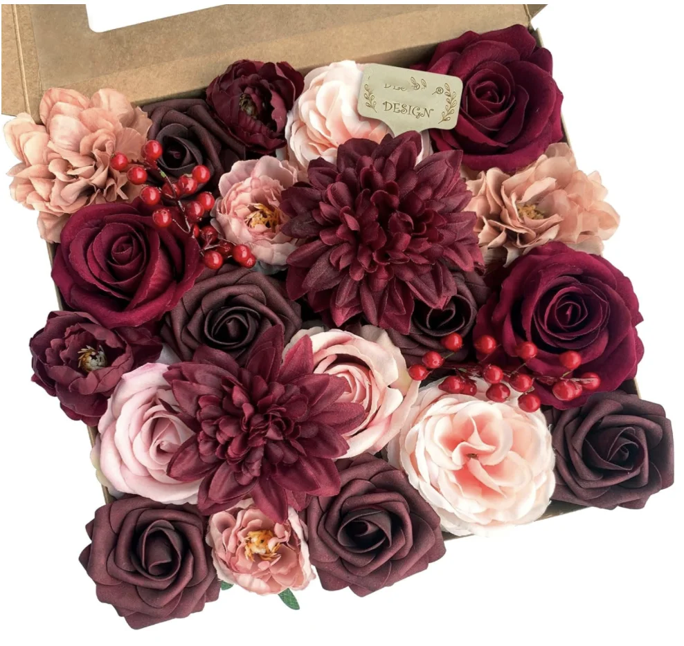 

Roses Artificial Flowers Burgundy Silk Dahlia Bulk for DIY Wedding Bouquets Bridal Shower Decorations Fake Floral Arrangements