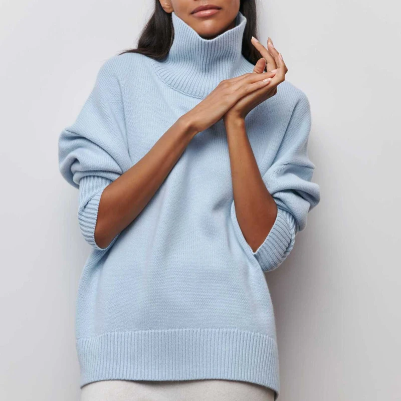 New European and American Loose High Neck Sweater Casual Long Sleeved Solid Color Knitted Sweater Wintter Clothes for Women