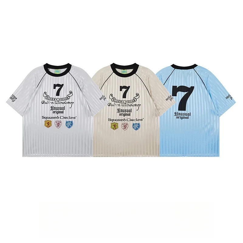 

25/26 American Retro Striped Color Block Short Sleeve T Shirt Men's Loose Sporty Half Sleeve Casual Top Breathable Summer MOTO
