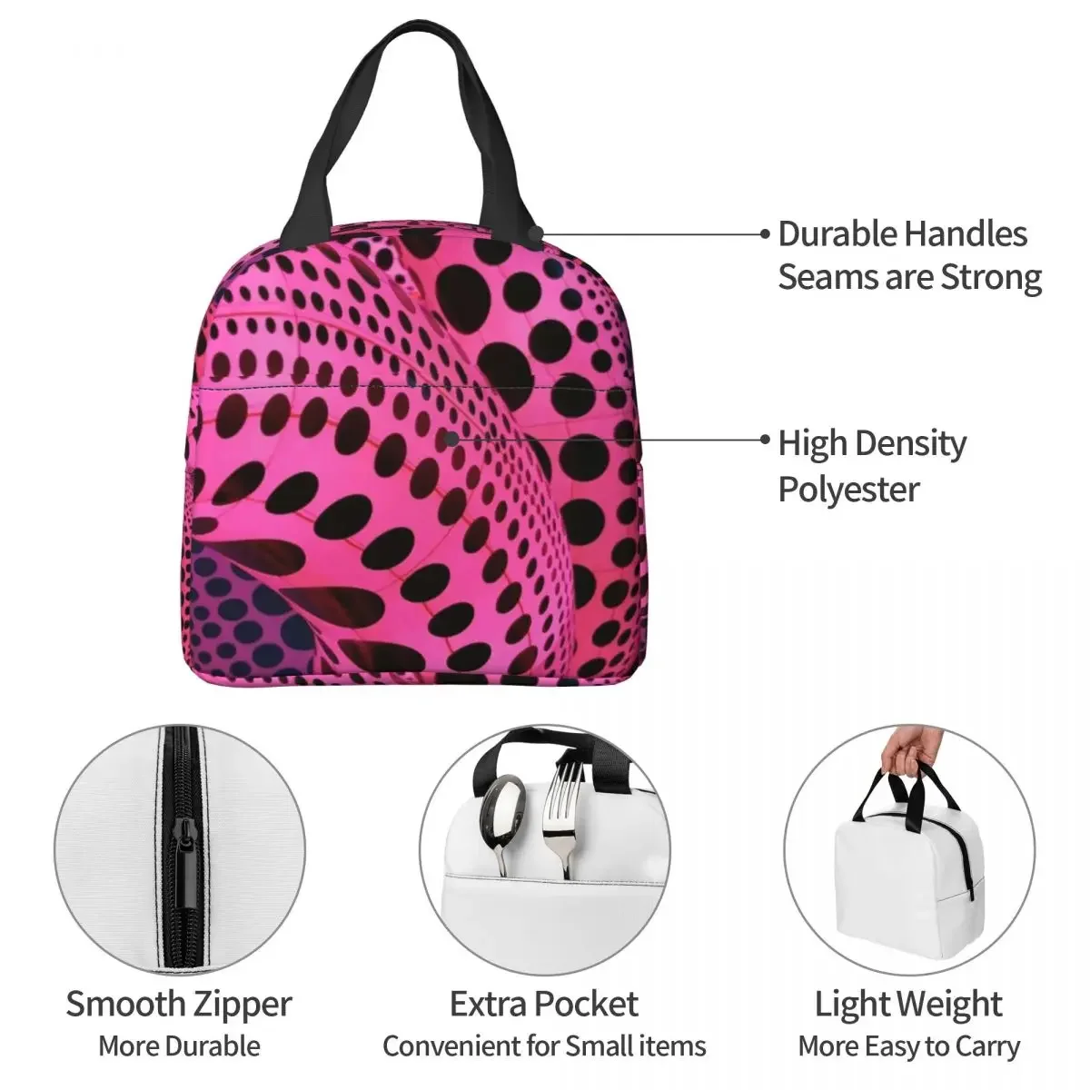 Pink Dots Insulated Lunch Bags Cooler Bag Lunch Container Yayoi Kusama Dots Polka Pop Leakproof Tote Lunch Box Food Handbags