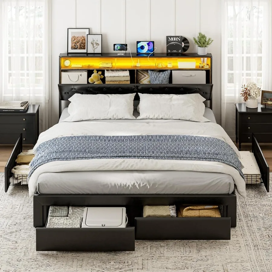 إطارات سرير كاليفورنيا كينج مع 4 أدراج تخزين مخفي اللوح الأمامي منجد كال كينج LED منصة السرير مع شحن TypeC St