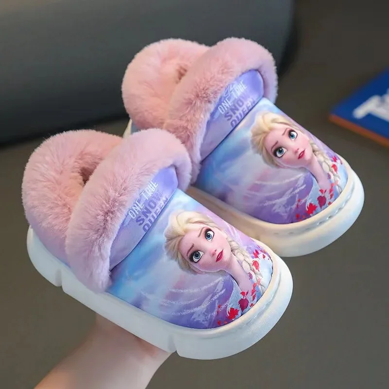 Disney Winter Children Cotton Slippers Kids Cartoon Spider Man Frozen Elsa Non Slip Warm Plush Baby Boys Girls Indoor Home Shoes