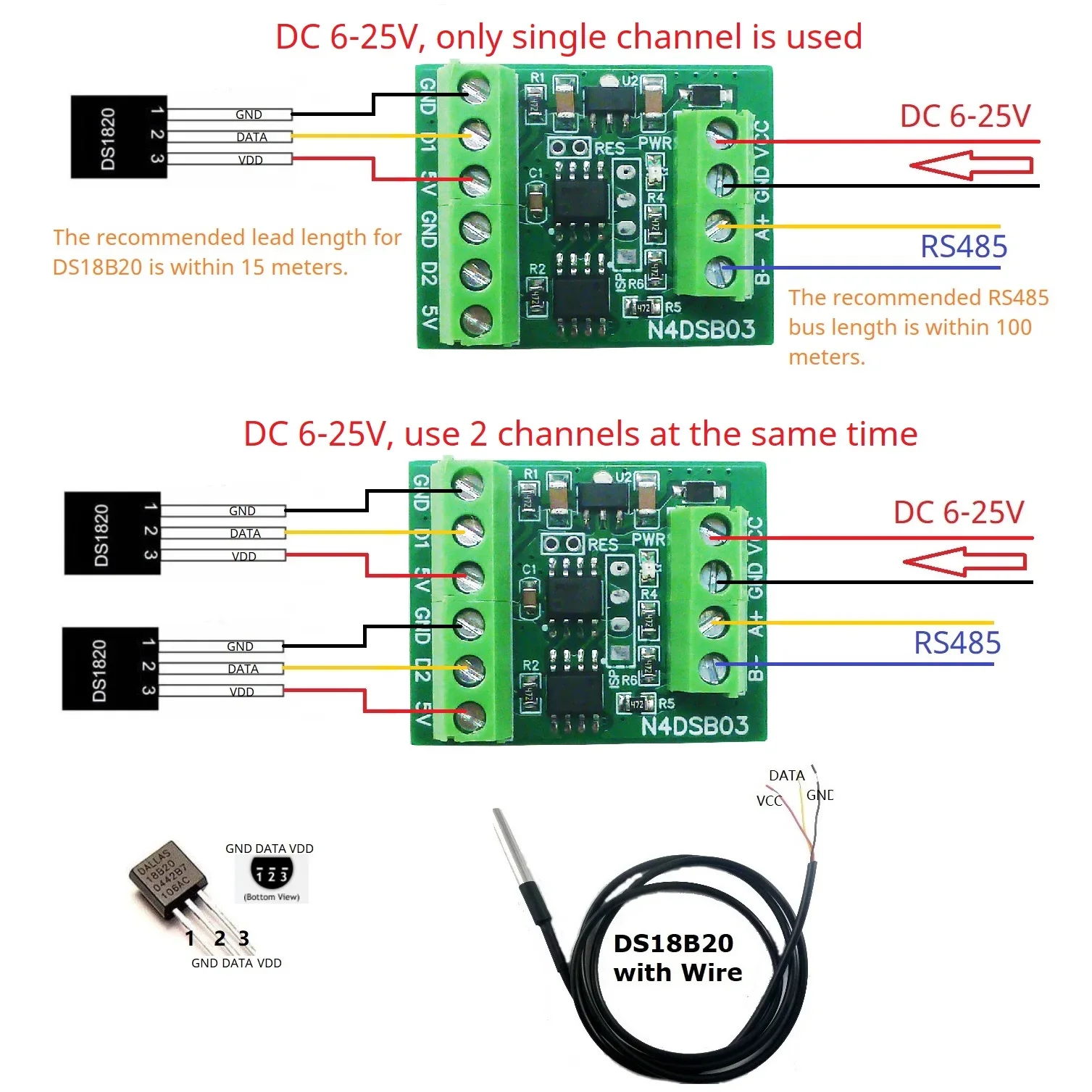 -55 to +125C DS18B20 Sensor  1-2CH RS485 Digital Temperature Collector Module DC 5V 12V 24V for Thermostat Smart Home R46CA01