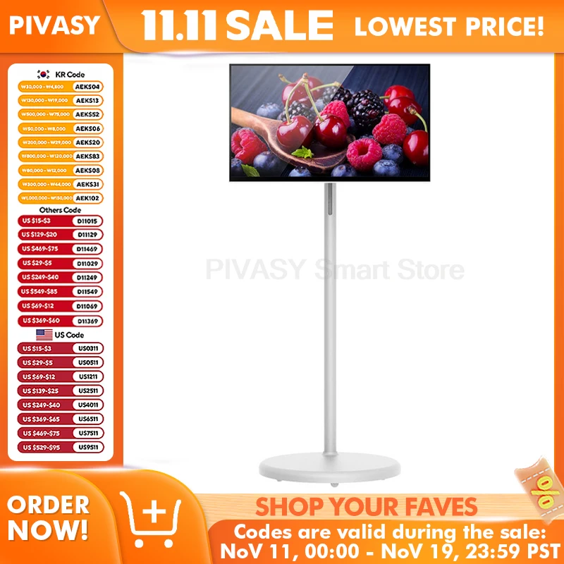 Touchscreen 23,8 inch Android Smart TV Batterij-energie-apparaat Draaibare beweegbare monitor Wit met vloerstandaard voor buiten Live