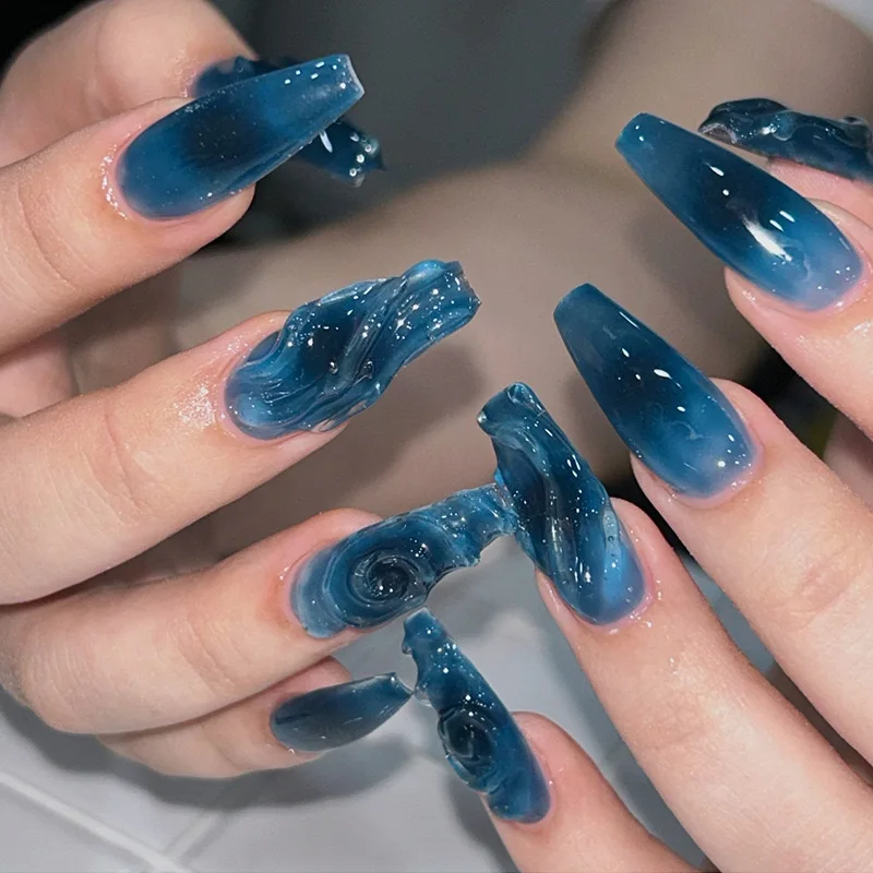 24Pcs Dark Blue Square Head Press on False Nails 3D Ocean Mid-length Fake Nail Wearable Finished Manicure Full Cover Nail Tips
