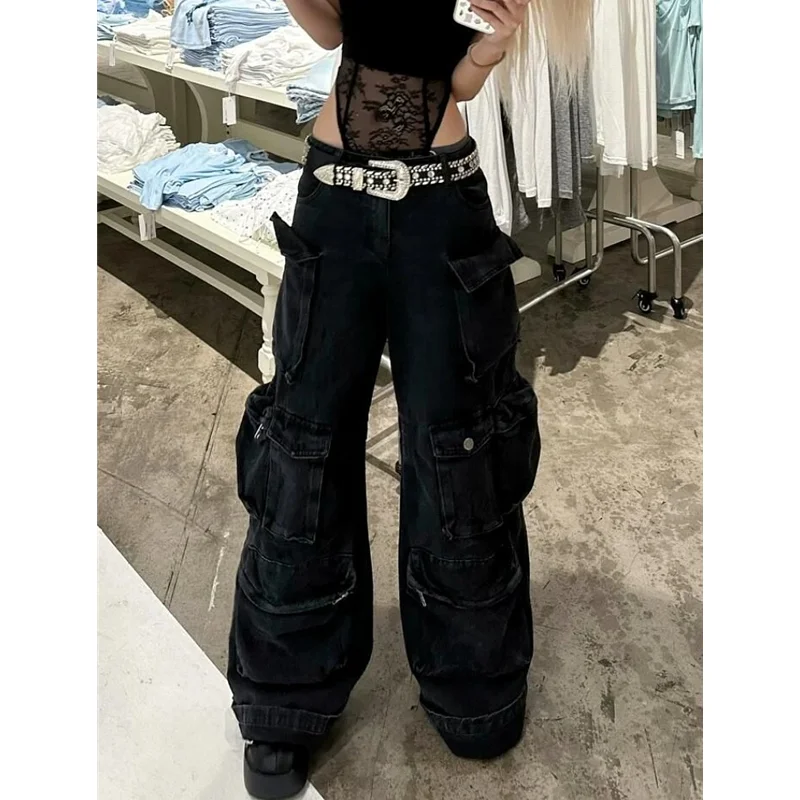American Retro High Street Jeans Donna Casual 2000s Streetwear Tasche multiple Pantaloni larghi in denim Y2K Pantaloni larghi a gamba larga Grunge